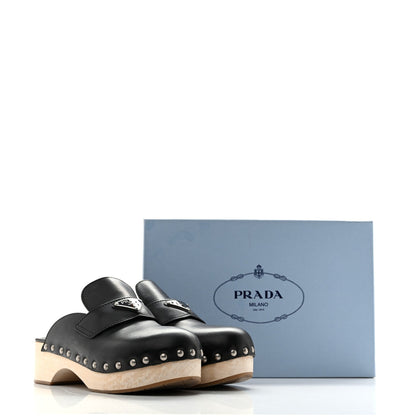 Prada Calfskin Women's Metal Triangle Logo 45mm Clogs 40 Black