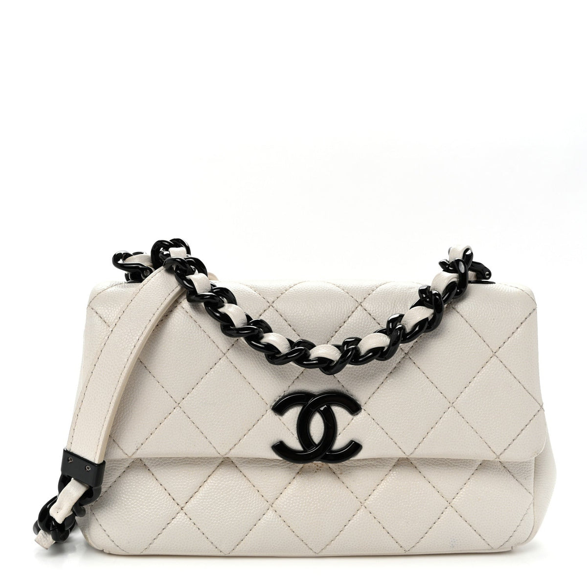 Small Quilted Caviar Flap Shoulder Bag - White