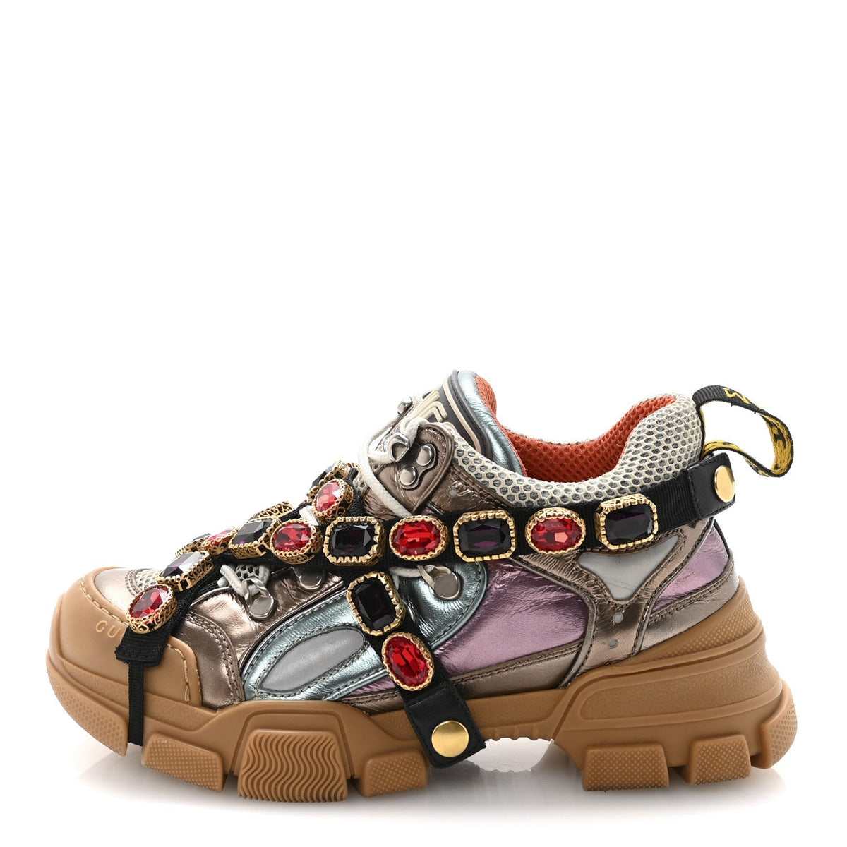 Gucci Metallic Calfskin Mesh Women's Flashtrek Sneakers 36 Rame Mystic White Lago