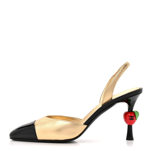 Lambskin Patent Cap Toe CC Apple Slingback Pumps Gold Black