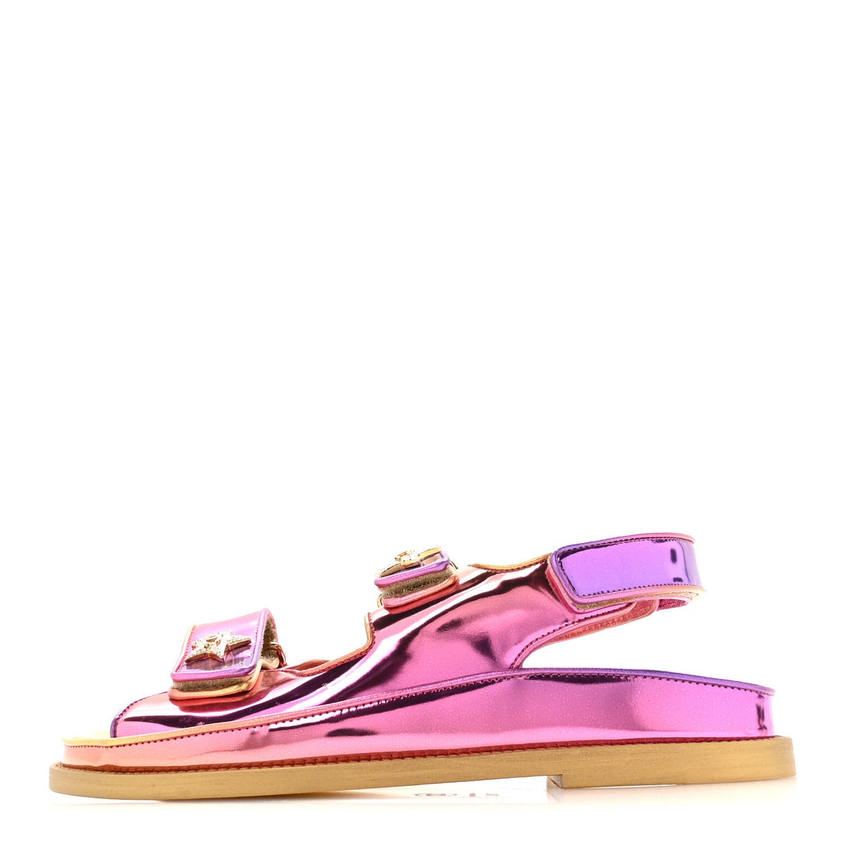 Metallic Laminated Calfskin Crystal Star CC Velcro Dad Sandals Pink Or