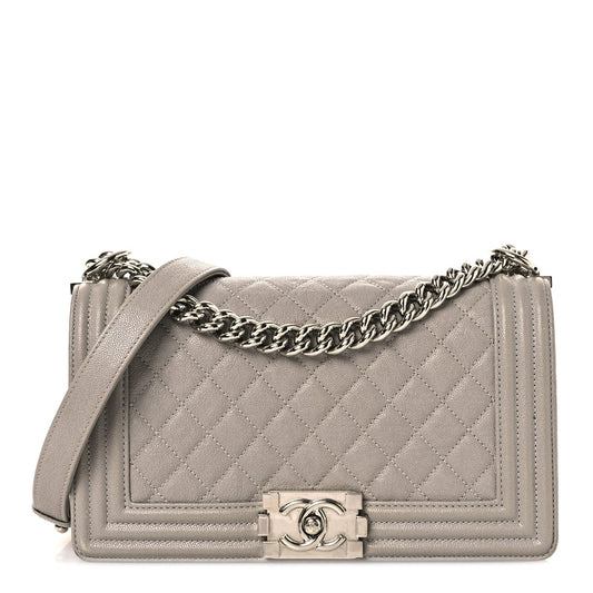 Medium Quilted Caviar Flap Shoulder Bag - Grey