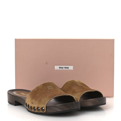Miu Miu Suede Women's Logo Slide Clogs 37 Cannella