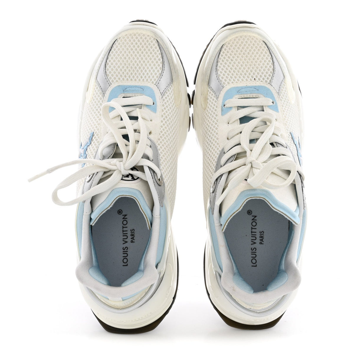 Louis Vuitton Metallic Calfskin Technical Mesh Women's Run 55 Sneakers 36 Bleu Clair