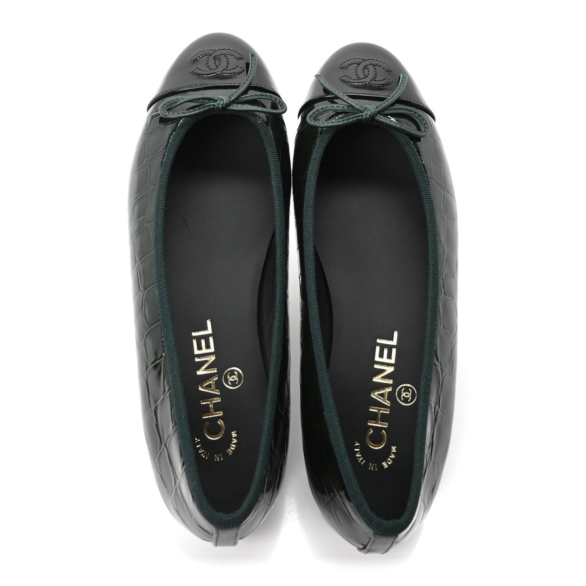 Chanel Crocodile Embossed Patent Calfskin CC Women's Ballerina Flats Dark Green Black