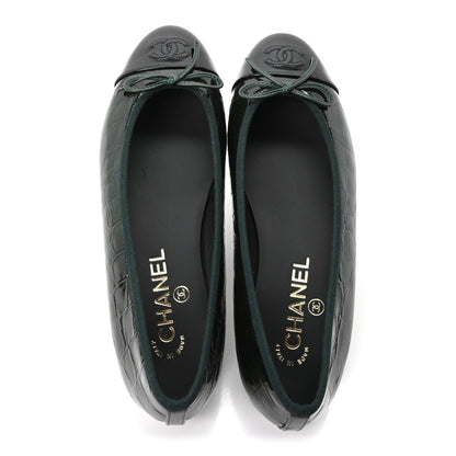 Chanel Crocodile Embossed Patent Calfskin CC Women's Ballerina Flats Dark Green Black