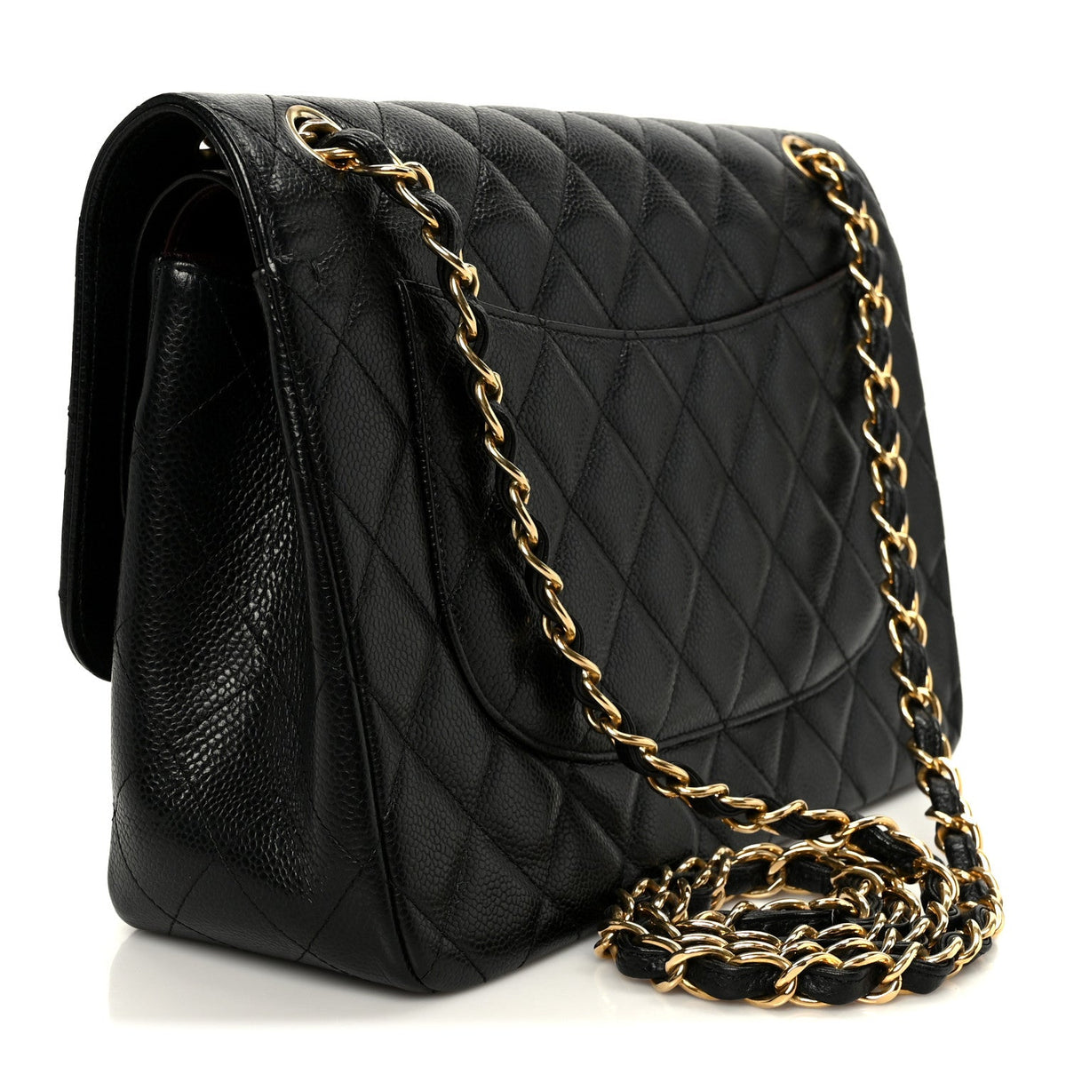 Quilted Caviar Flap Shoulder Bag - Black