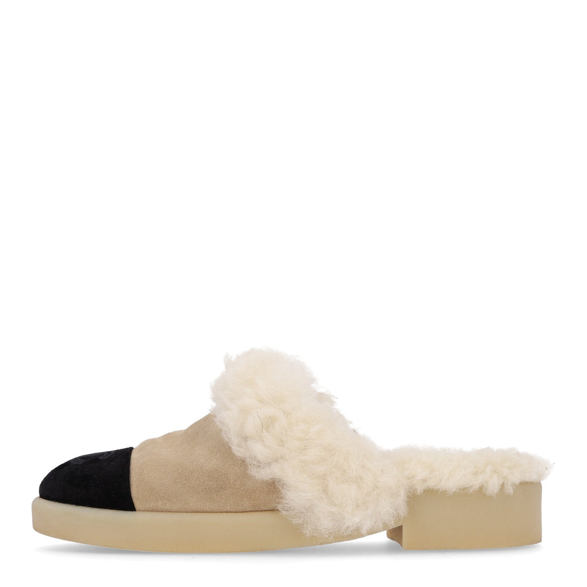 Suede Shearling CC Cap Toe Mules Beige Black