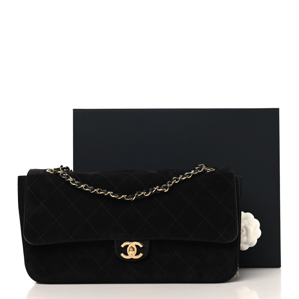 Small Calfskin Suede Flap Shoulder Bag - Black
