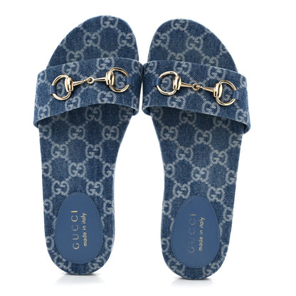 Gucci Denim Women's GG Monogram Horsebit Flat Slide Sandals 36 Blue