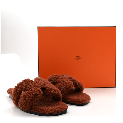 Hermes Woolskin Women's Oran Sandals 37 Cognac