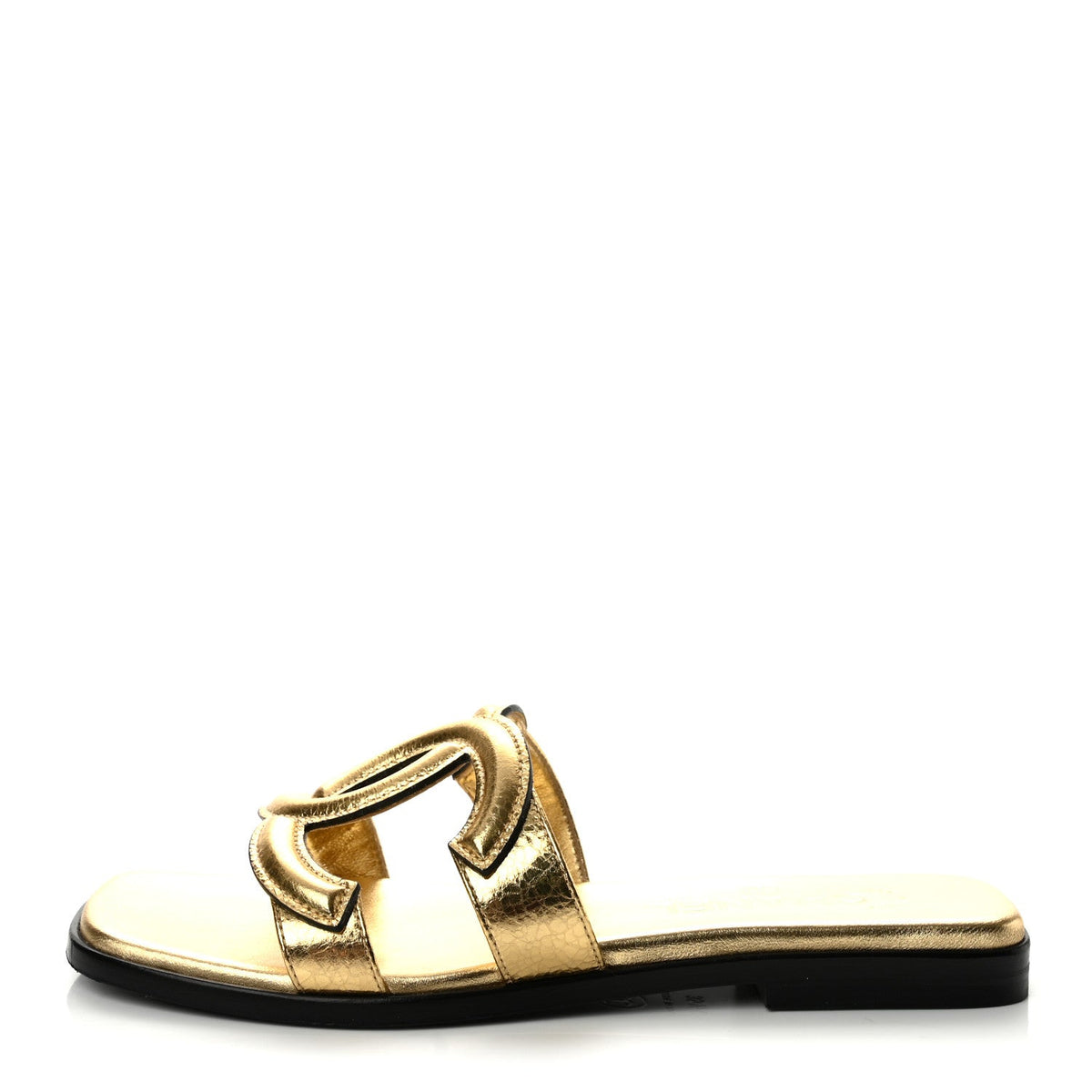 Crackled Laminated Calfskin CC Cut Out Mules Sandals Gold