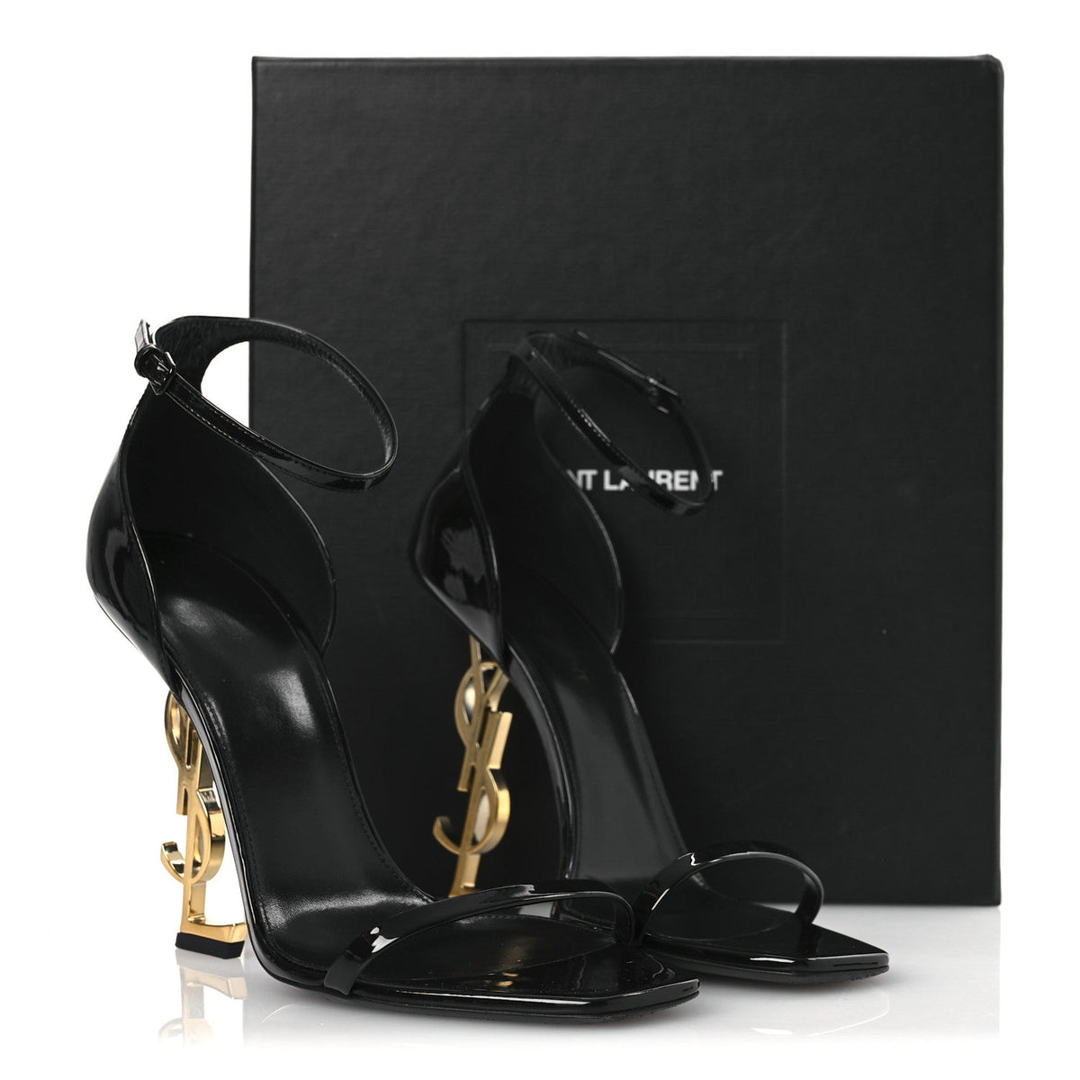 Saint Laurent Patent Calfskin Women's Opyum 110 Sandals 40.5 Black Gold