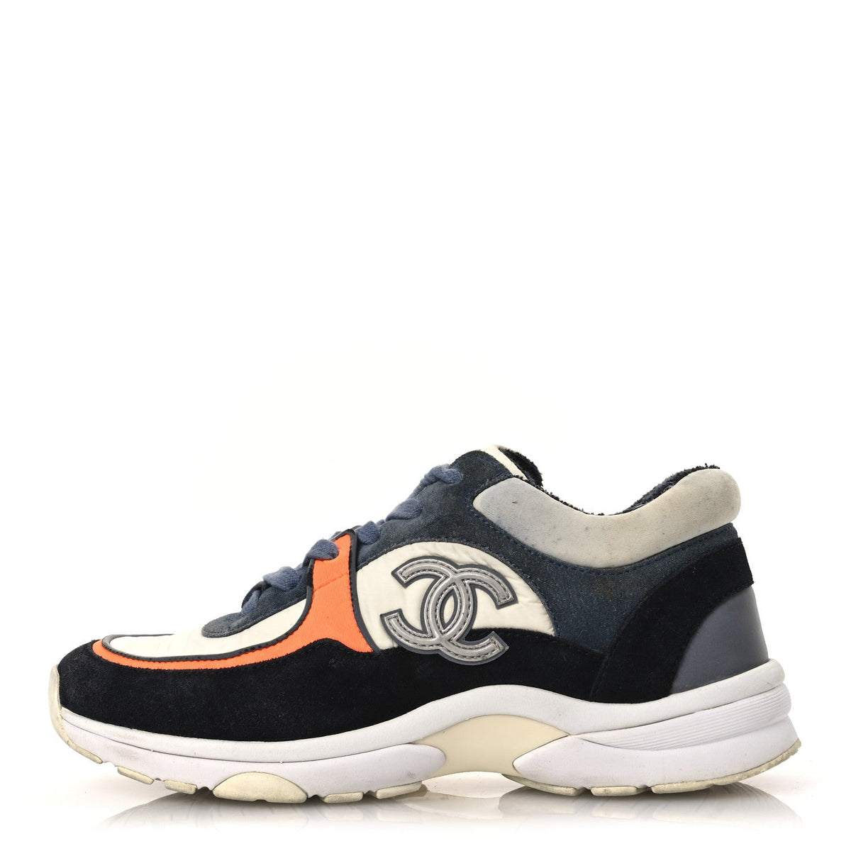 Chanel Nylon Calfskin Suede Women's CC Sneakers 35.5 Navy White Orange Black