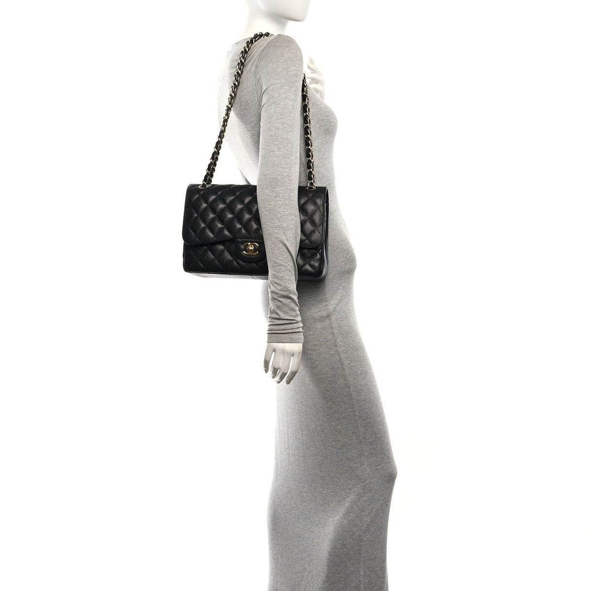 Quilted Caviar Flap Shoulder Bag - Black