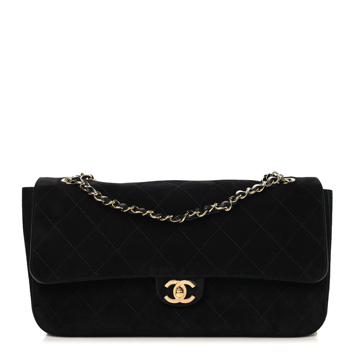 Small Calfskin Suede Flap Shoulder Bag - Black