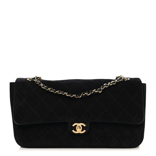 Small Calfskin Suede Flap Shoulder Bag - Black