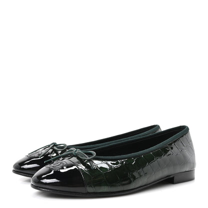 Chanel Crocodile Embossed Patent Calfskin CC Women's Ballerina Flats Dark Green Black