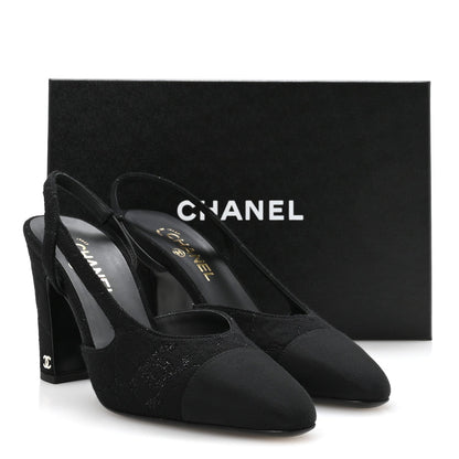 Chanel Wool Grosgrain Women's Cap Toe CC Slingback Pumps 41 Black