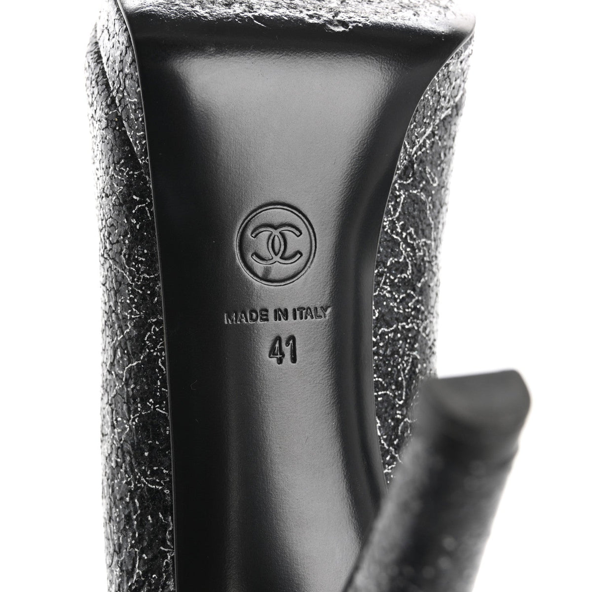 Chanel Metallic Crackled Calfskin Patent Cap Toe Women's Pumps 41 Silver Black