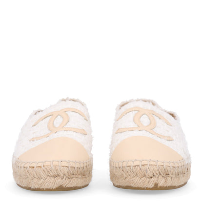 Chanel Tweed Grosgrain Women's CC Espadrilles 36 White Beige