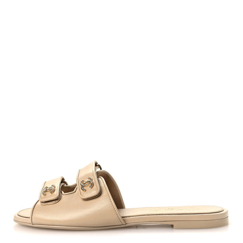 Lambskin Velcro Crystal CC Mules Beige