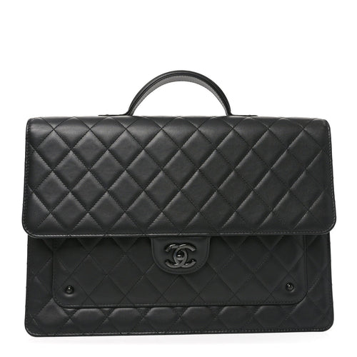Quilted Lambskin Satchel Bag - Black