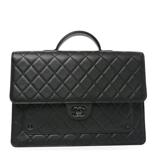 Quilted Lambskin Satchel Bag - Black