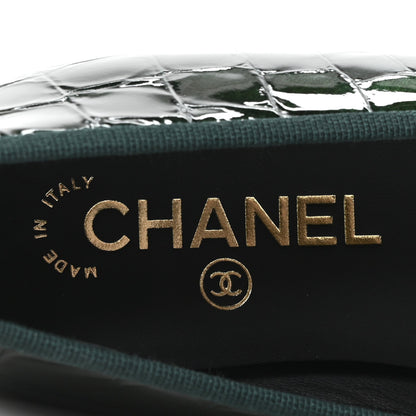 Chanel Crocodile Embossed Patent Calfskin CC Women's Ballerina Flats Dark Green Black