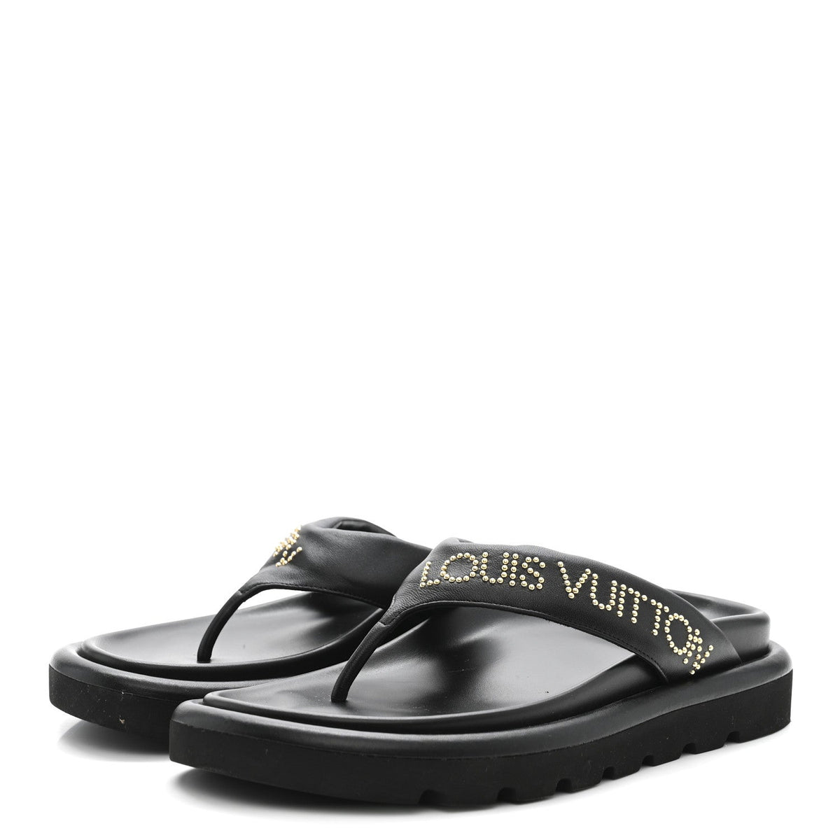 Louis Vuitton Calfskin Women's Logo Studded Pillow Flat Sandals 35 Black