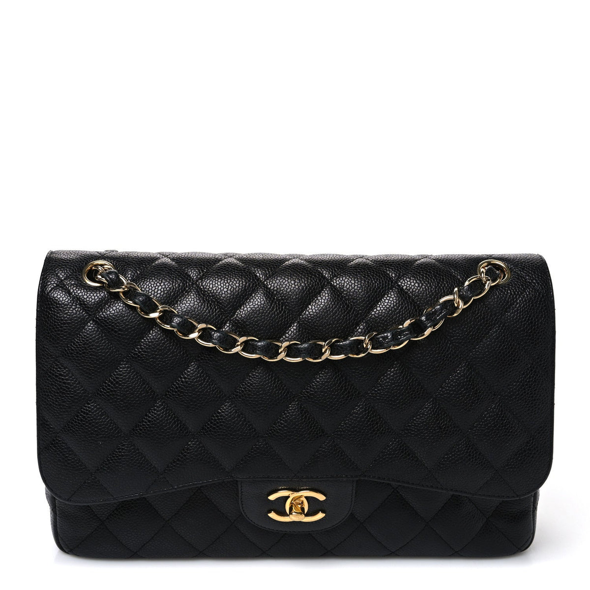 Quilted Caviar Flap Shoulder Bag - Black