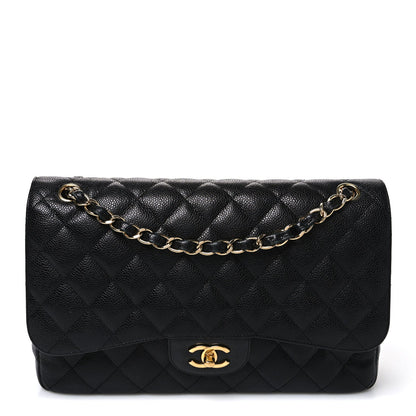 Quilted Caviar Flap Shoulder Bag - Black