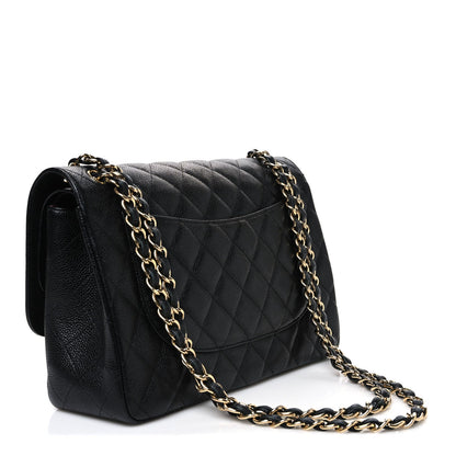 Quilted Caviar Flap Shoulder Bag - Black