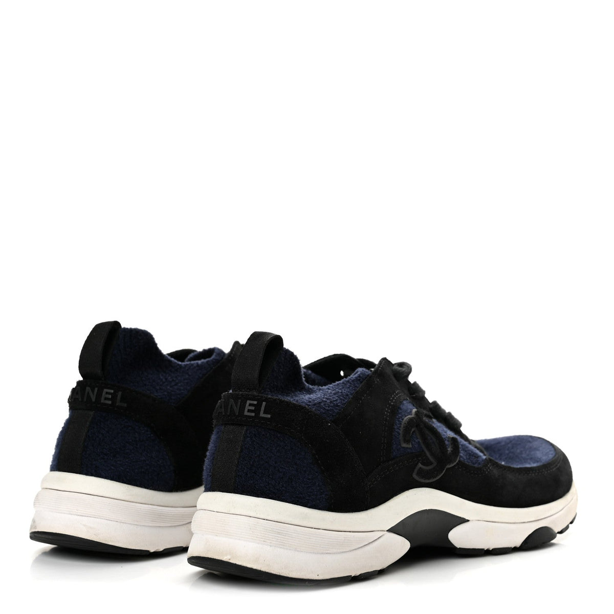 Chanel Knit Fabric Suede Calfskin CC Women's Sneakers Navy Black