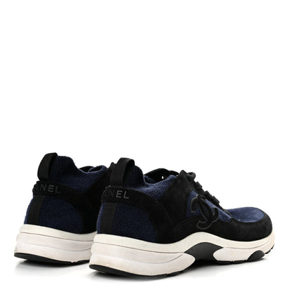 Chanel Knit Fabric Suede Calfskin CC Women's Sneakers Navy Black
