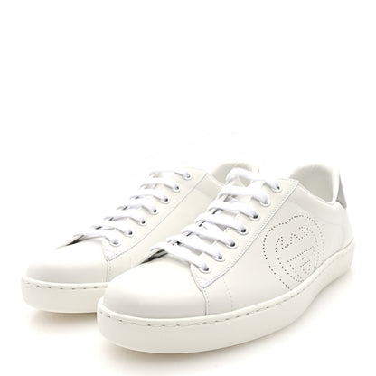Gucci Calfskin Men's Interlocking G Perforated Ace Sneakers 8 White Grey Sky