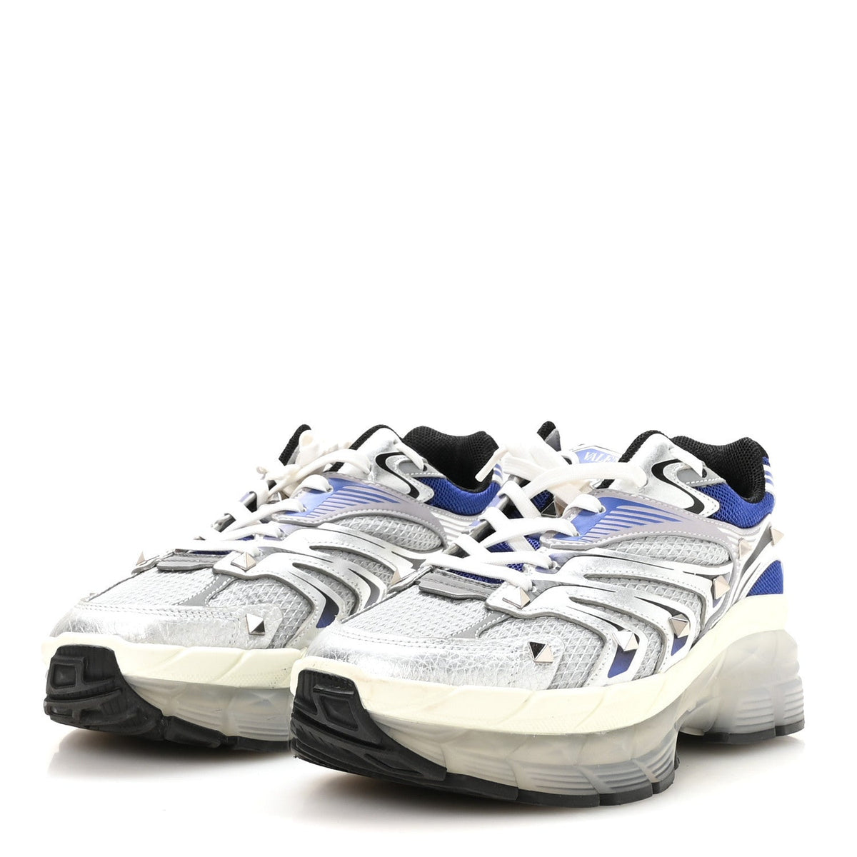 Valentino Garavani Mesh Calfskin Women's Rockstud Platform Sneakers 40 Silver Multicolor