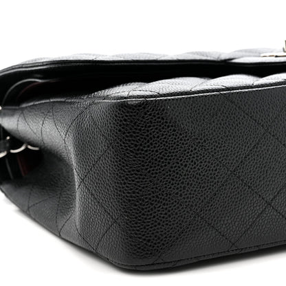Quilted Caviar Flap Shoulder Bag - Black