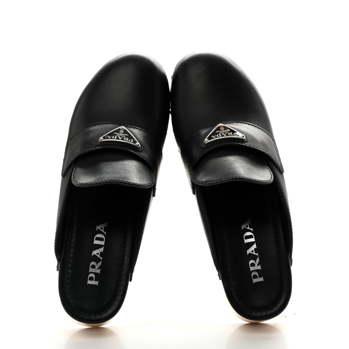 Prada Calfskin Women's Metal Triangle Logo 45mm Clogs 40 Black