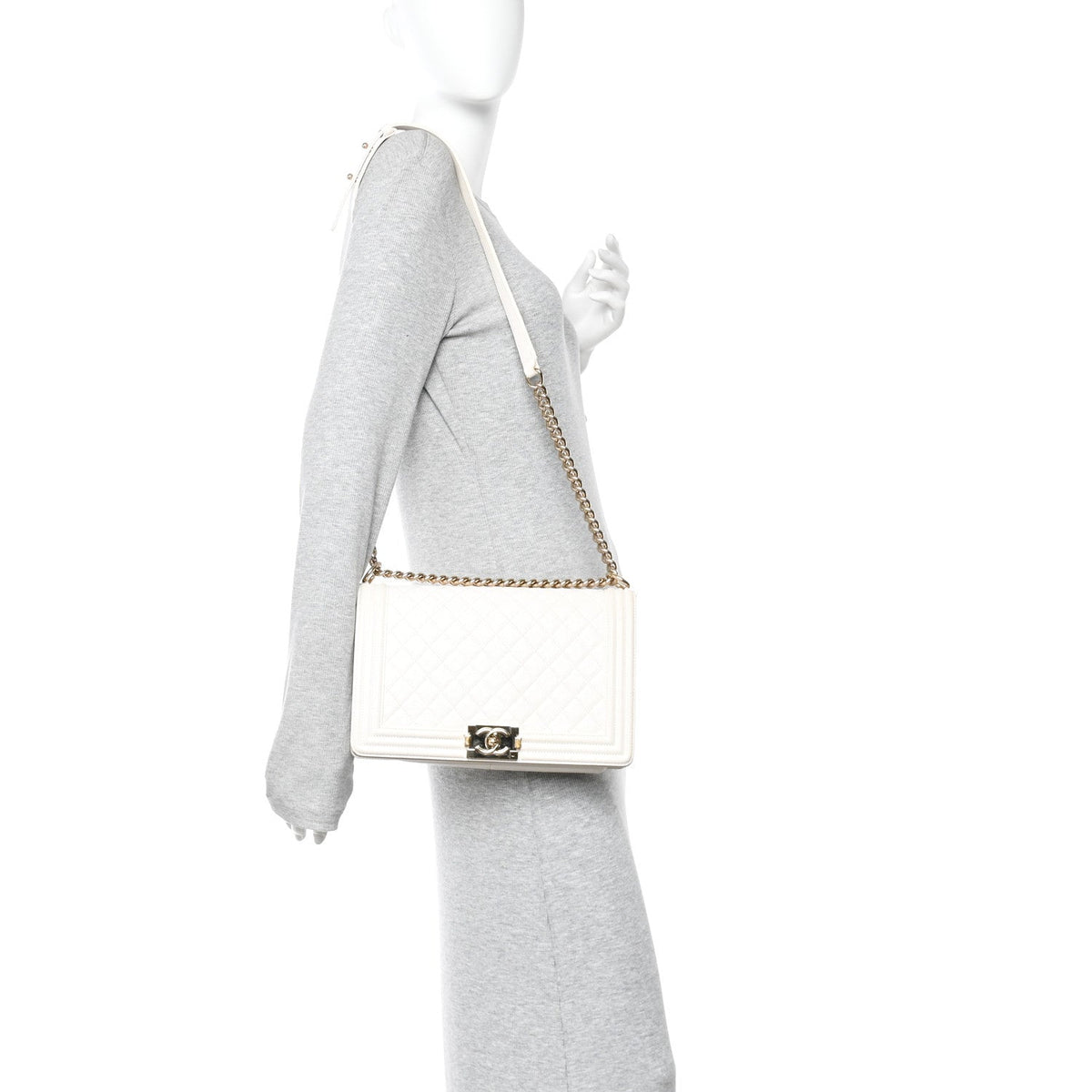 Medium Quilted Caviar Flap Shoulder Bag - White