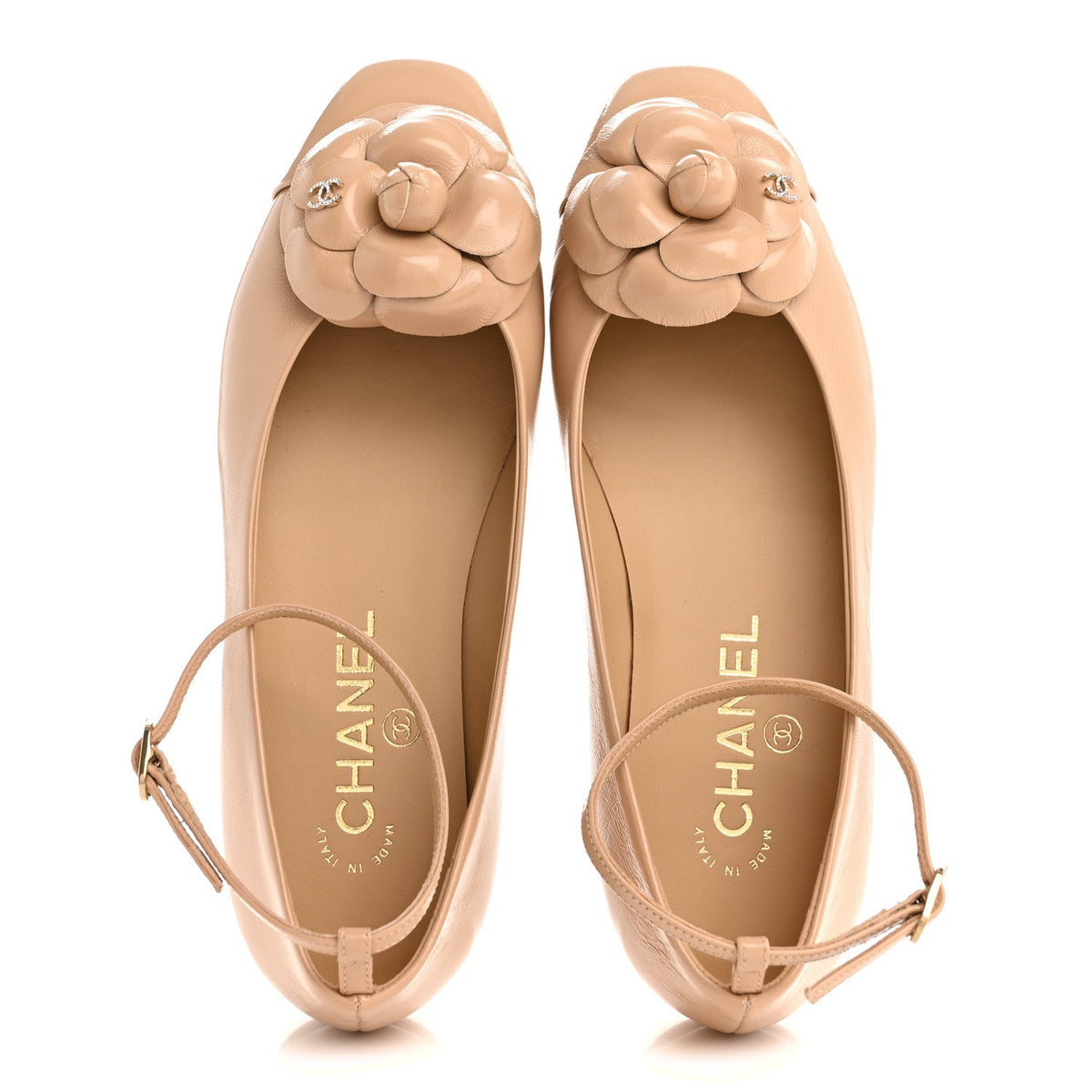 Chanel Shiny Calfskin Camellia Women's Ballerina Flats Beige