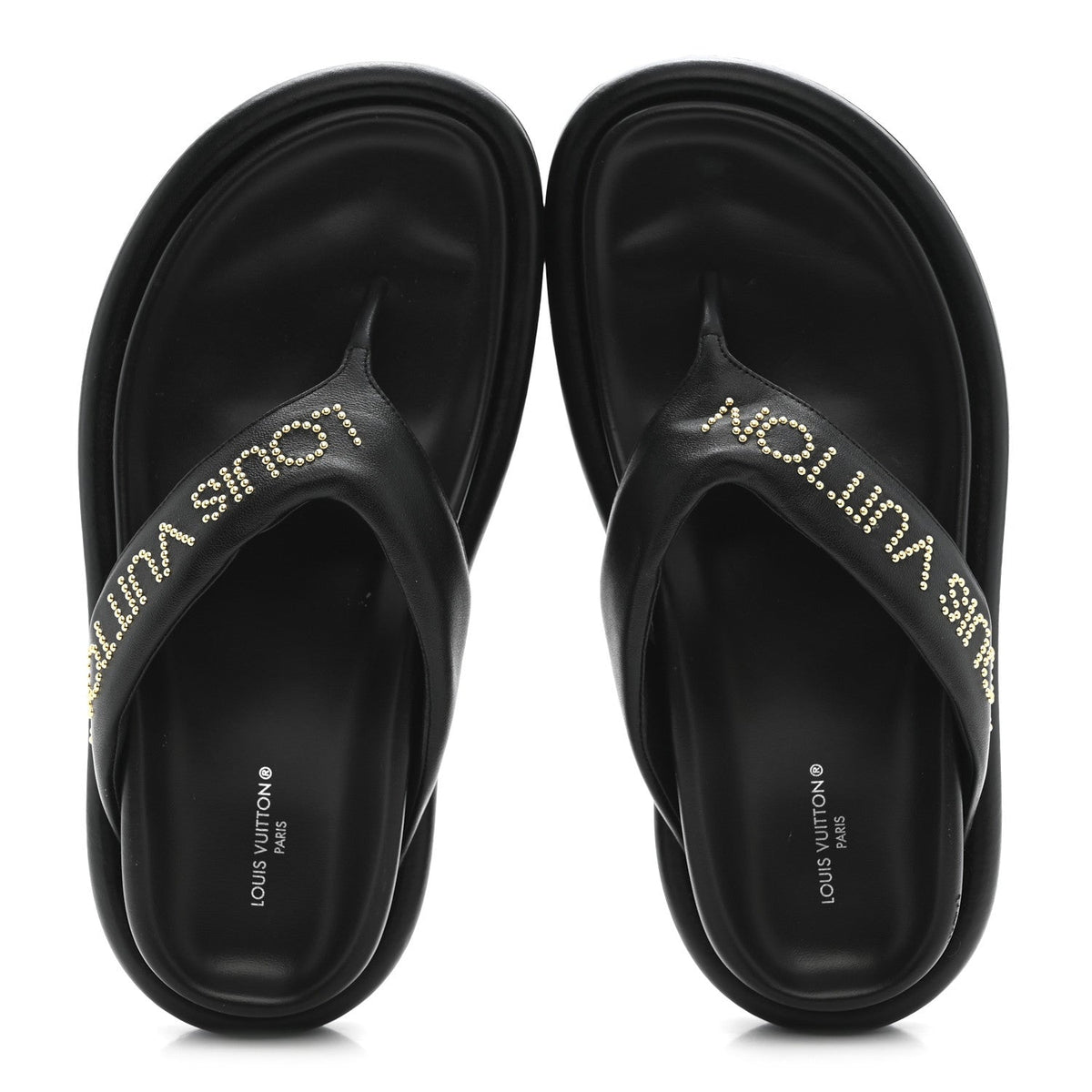Louis Vuitton Calfskin Women's Logo Studded Pillow Flat Sandals 35 Black