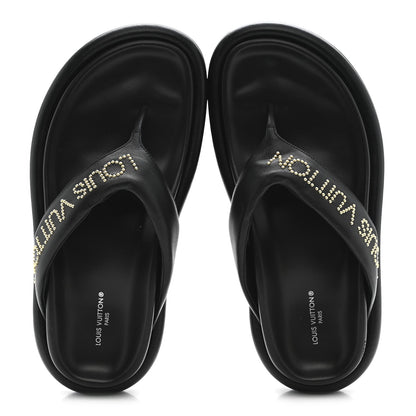 Louis Vuitton Calfskin Women's Logo Studded Pillow Flat Sandals 35 Black