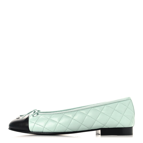 Lambskin Quilted CC Cap Toe Ballerina Flats Light Blue Black