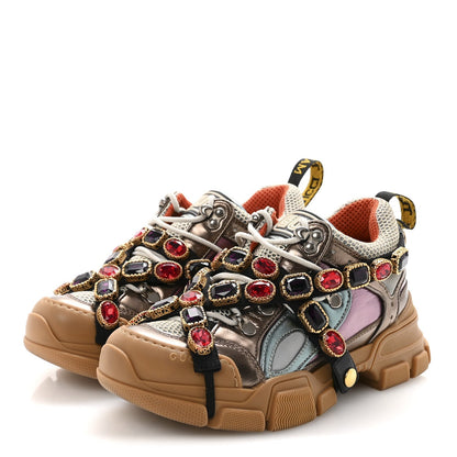 Gucci Metallic Calfskin Mesh Women's Flashtrek Sneakers 36 Rame Mystic White Lago