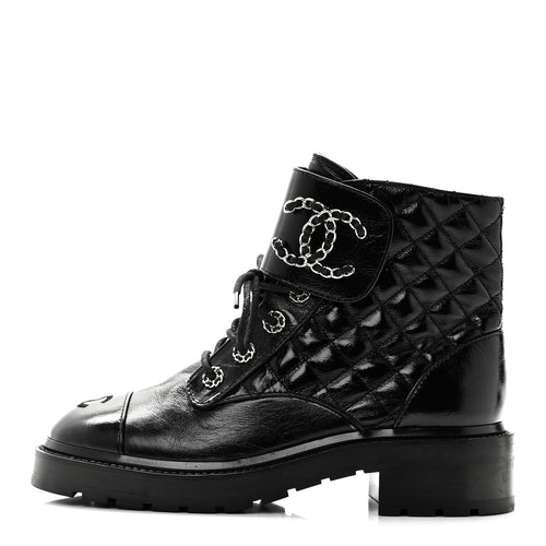 Shiny Lambskin Quilted Lace Up Combat Boots Black