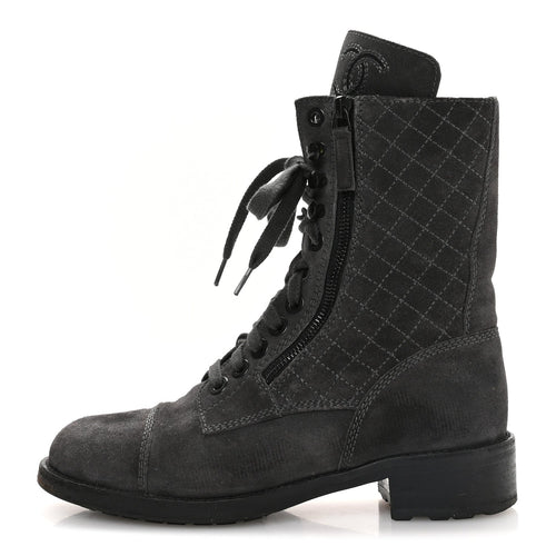 Chanel Suede Women's Quilted CC Tall Lace Up Combat Boots 38 Grey