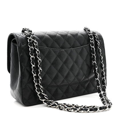 Quilted Caviar Flap Shoulder Bag - Black