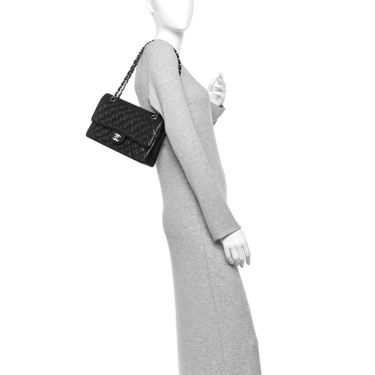 Medium Quilted Caviar Flap Shoulder Bag - Black