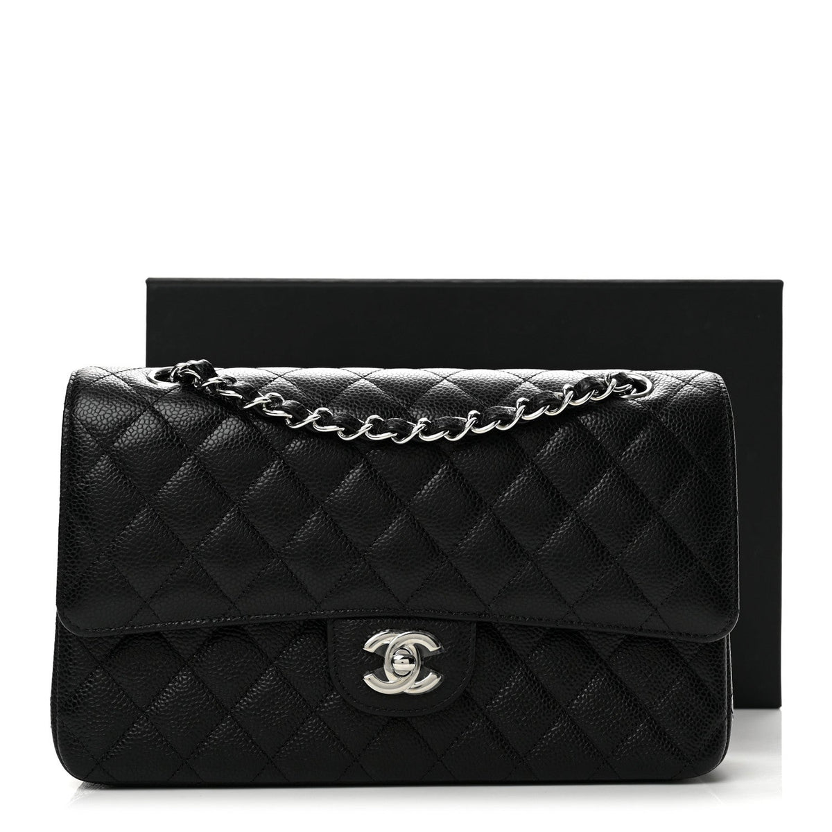 Medium Quilted Caviar Flap Shoulder Bag - Black